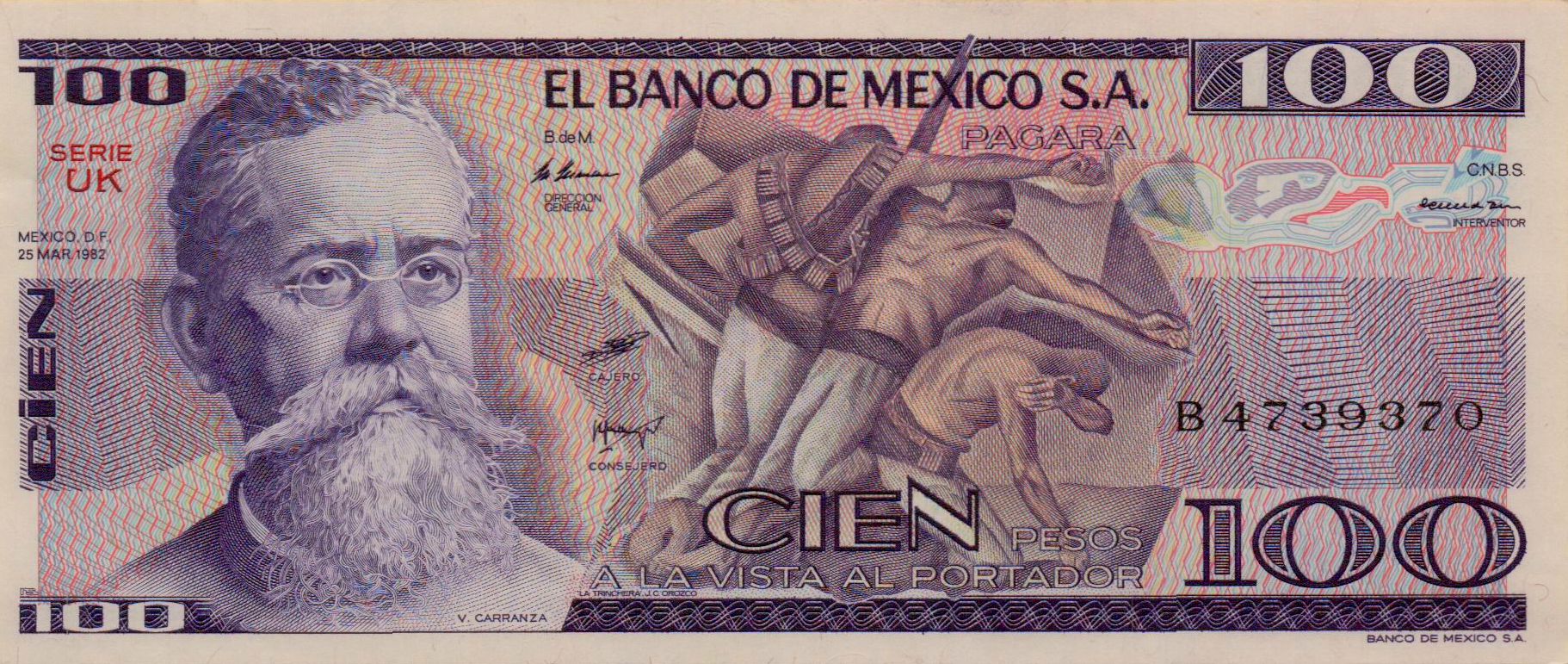 Mexico 100 1982 UNC P-74/cUK